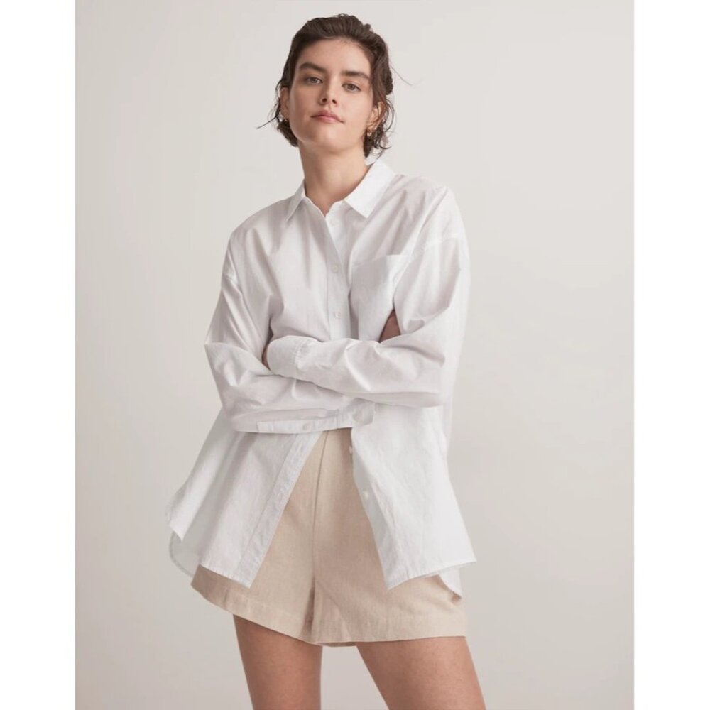 Madewell Womens Oversized White Cotton Button-Up Shirt With Front Pocket